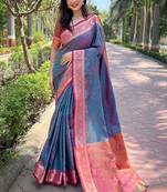 Blue woven self design pashmina silk saree with blouse