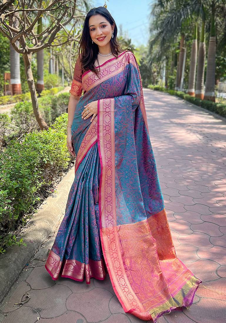 Blue woven self design pashmina silk saree with blouse