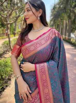 Blue woven self design pashmina silk saree with blouse 2