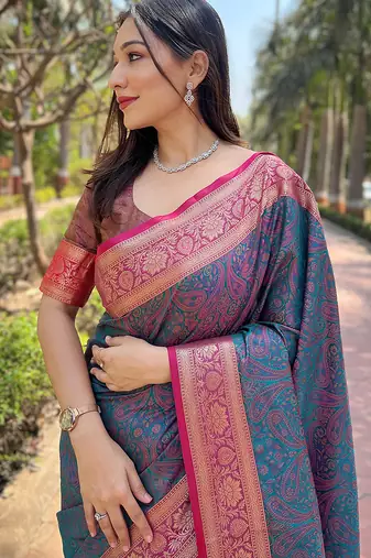 Blue woven self design pashmina silk saree with blouse