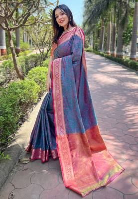 Blue woven self design pashmina silk saree with blouse 3