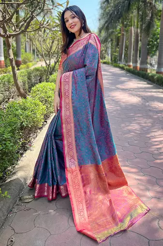 Blue woven self design pashmina silk saree with blouse