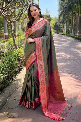 Green woven self design pashmina silk saree with blouse