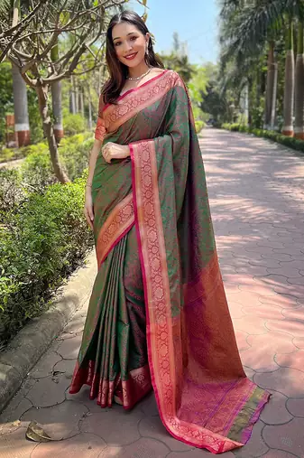 Green woven self design pashmina silk saree with blouse