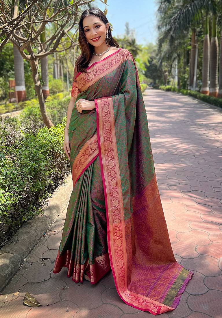 Green woven self design pashmina silk saree with blouse