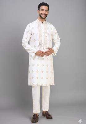 men’s off white silk kurta pant with full embroidery 2