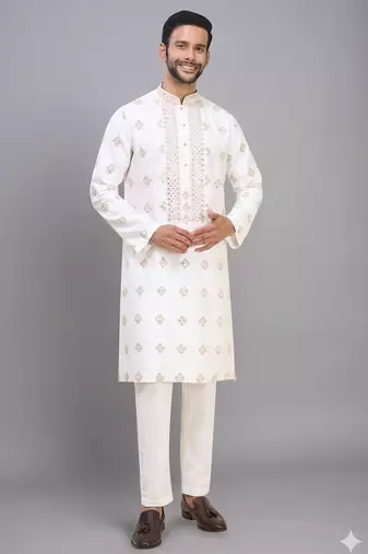men’s off white silk kurta pant with full embroidery