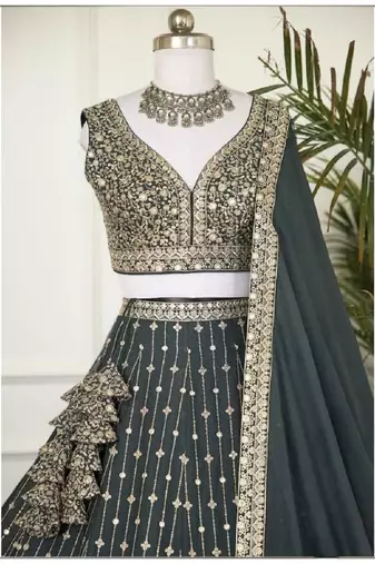 Green Star Faux Georgette Sequins & Zari Embroidered Lehenga Choli