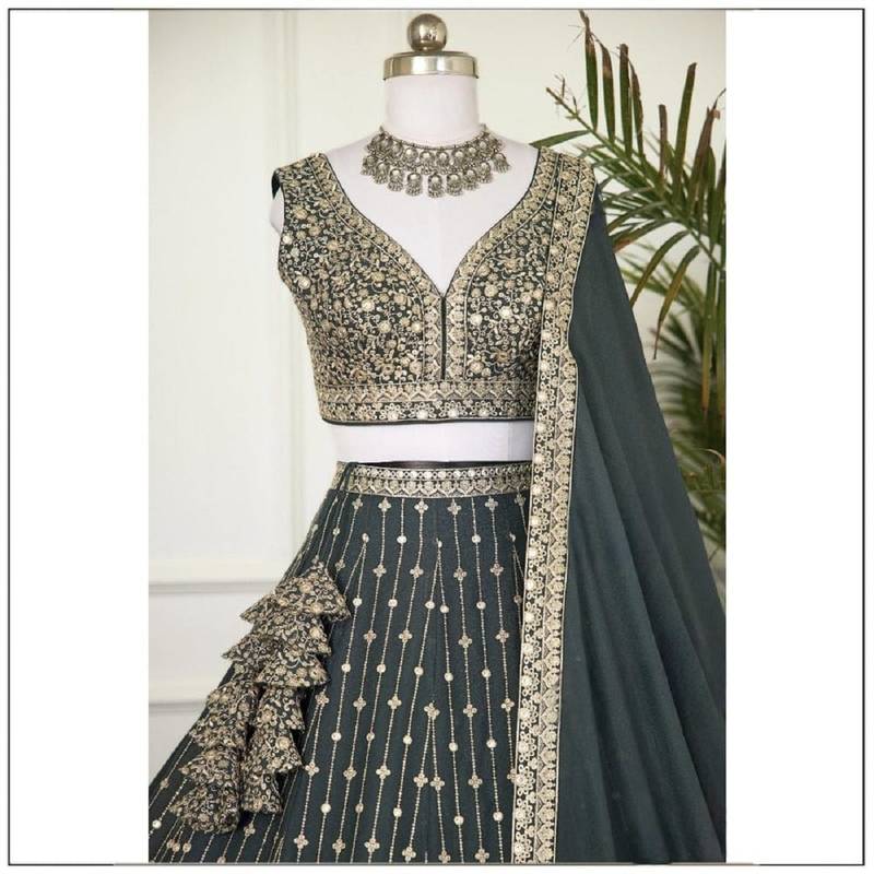 Green Star Faux Georgette Sequins & Zari Embroidered Lehenga Choli