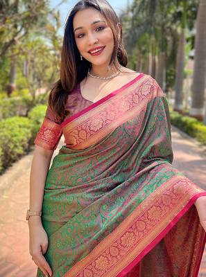 Green woven self design pashmina silk saree with blouse 2