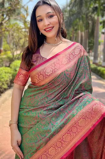 Green woven self design pashmina silk saree with blouse