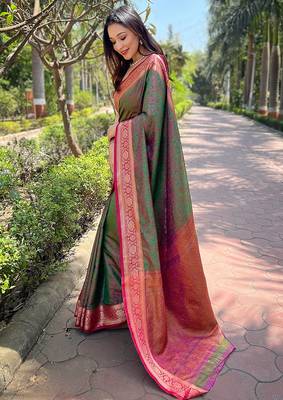 Green woven self design pashmina silk saree with blouse 3