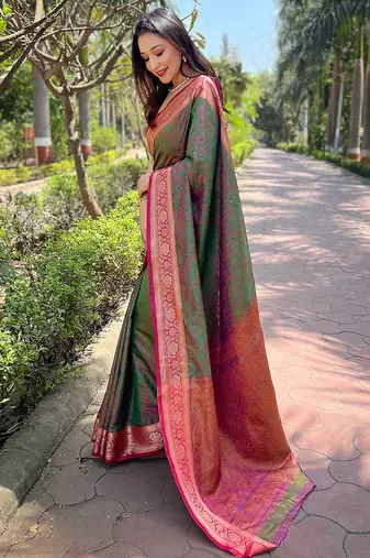 Green woven self design pashmina silk saree with blouse