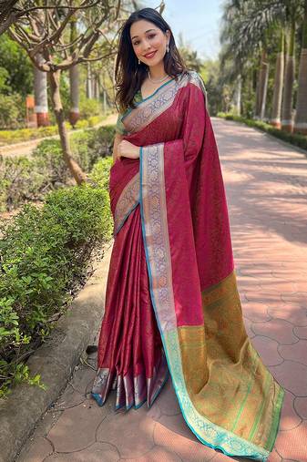 Pink woven self design pashmina silk saree with blouse