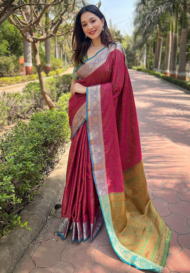 Pink woven self design pashmina silk saree with blouse