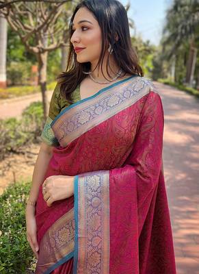 Pink woven self design pashmina silk saree with blouse 2