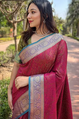 Pink woven self design pashmina silk saree with blouse