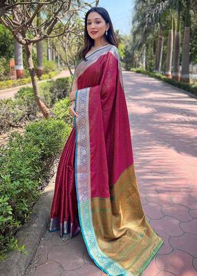 Pink woven self design pashmina silk saree with blouse 3