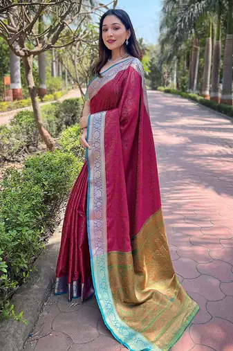 Pink woven self design pashmina silk saree with blouse