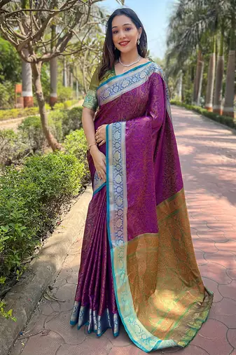 Purple woven self design pashmina silk saree with blouse