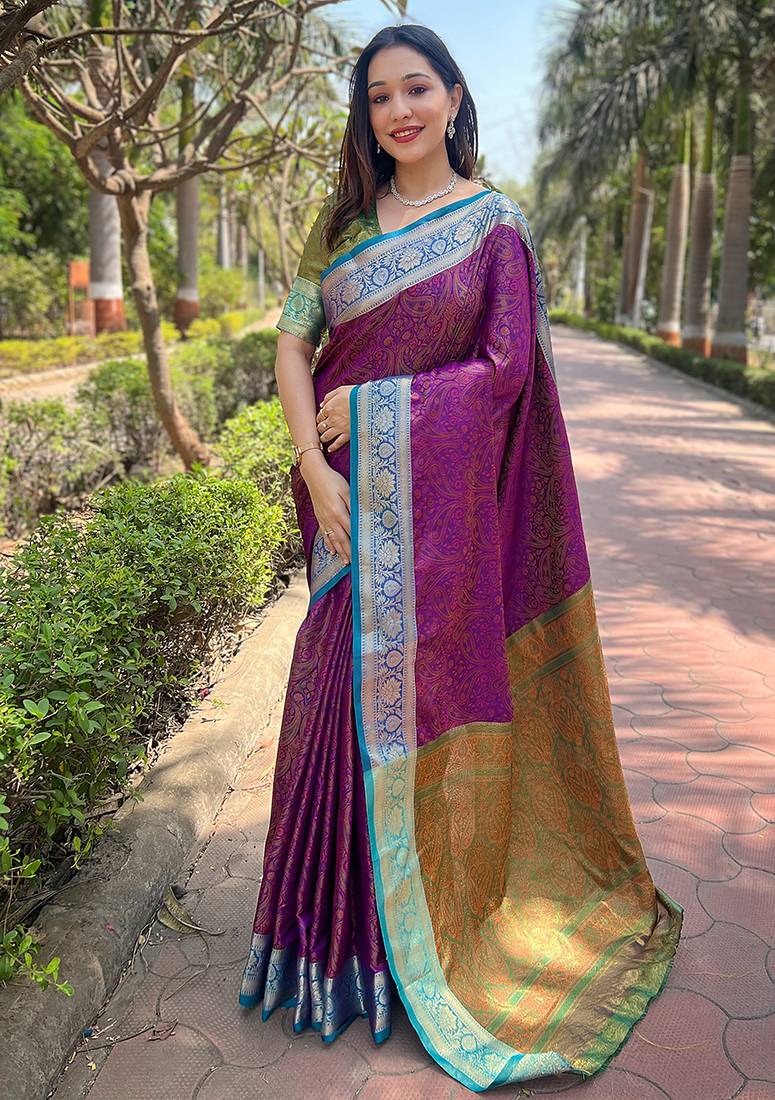 Purple woven self design pashmina silk saree with blouse