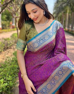 Purple woven self design pashmina silk saree with blouse 2