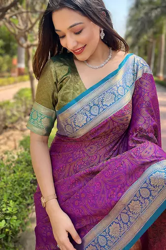 Purple woven self design pashmina silk saree with blouse