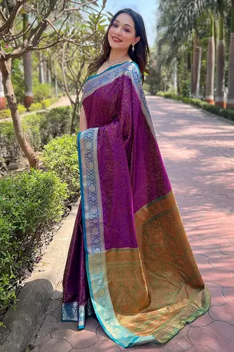 Purple woven self design pashmina silk saree with blouse