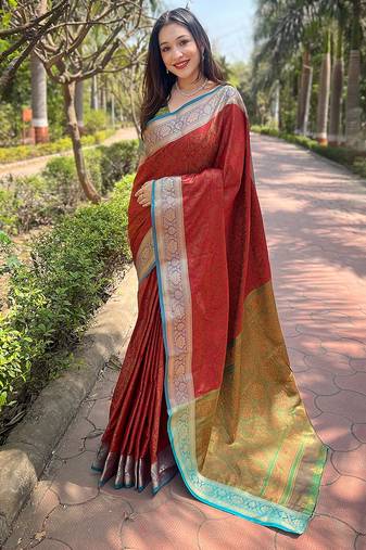 Red woven self design pashmina silk saree with blouse