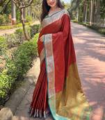 Red woven self design pashmina silk saree with blouse