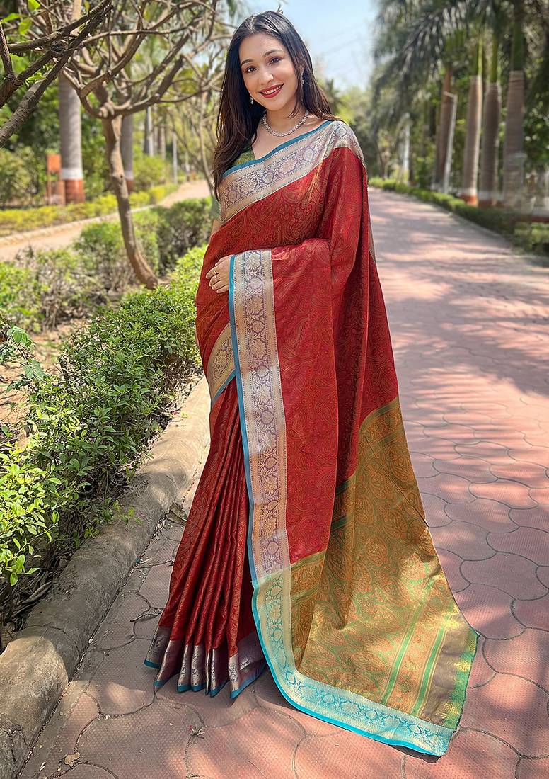Red woven self design pashmina silk saree with blouse
