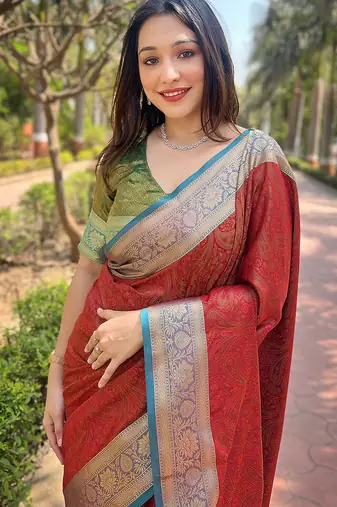 Red woven self design pashmina silk saree with blouse
