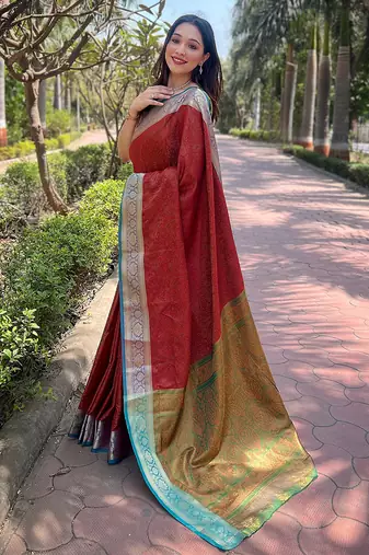 Red woven self design pashmina silk saree with blouse