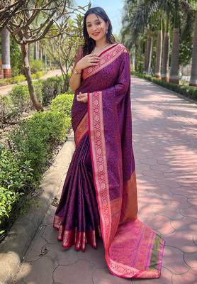 Violet woven self design pashmina silk saree with blouse 1