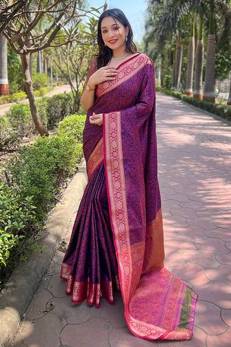 Violet woven self design pashmina silk saree with blouse