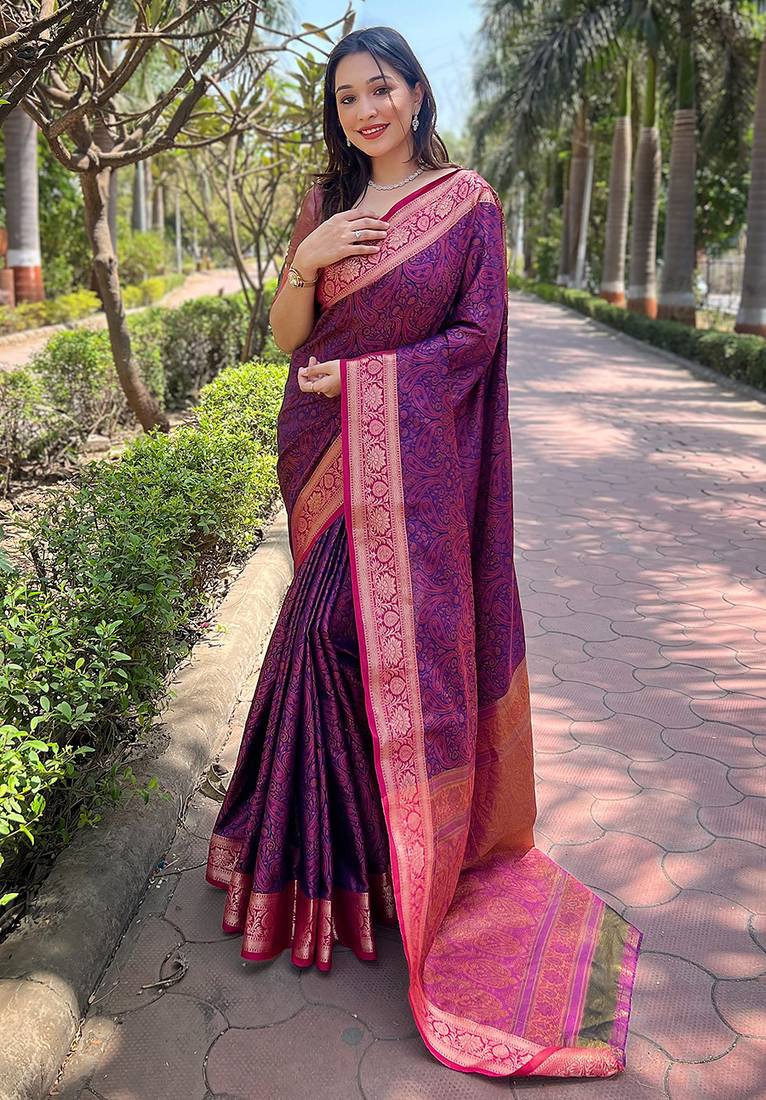 Violet woven self design pashmina silk saree with blouse