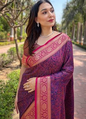 Violet woven self design pashmina silk saree with blouse 2
