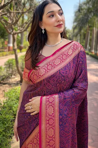 Violet woven self design pashmina silk saree with blouse