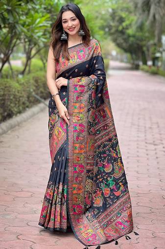 Black woven self design pashmina silk saree with blouse