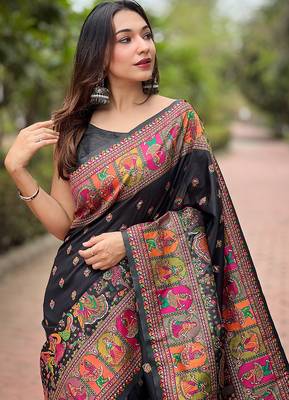Black woven self design pashmina silk saree with blouse 2