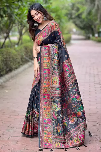 Black woven self design pashmina silk saree with blouse