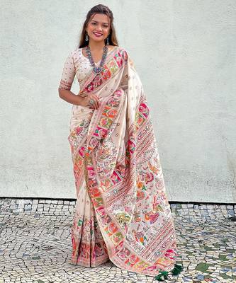 Cream woven self design pashmina silk saree with blouse 1