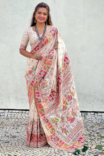 Cream woven self design pashmina silk saree with blouse
