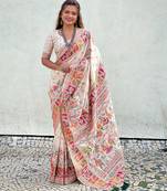 Cream woven self design pashmina silk saree with blouse