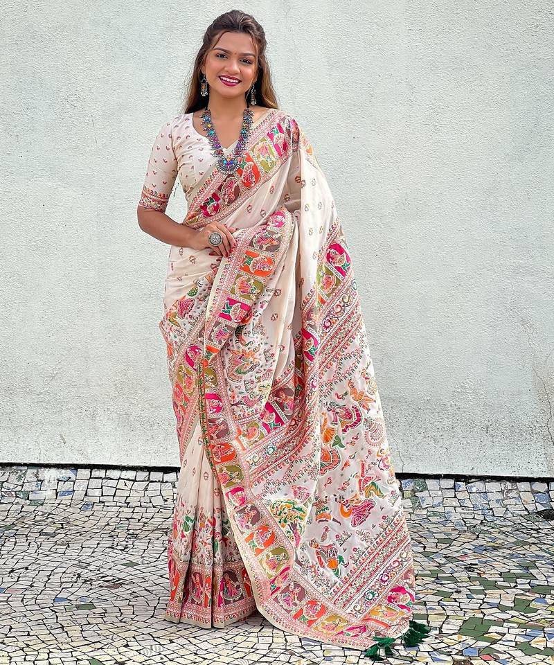 Cream woven self design pashmina silk saree with blouse