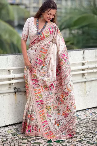 Cream woven self design pashmina silk saree with blouse