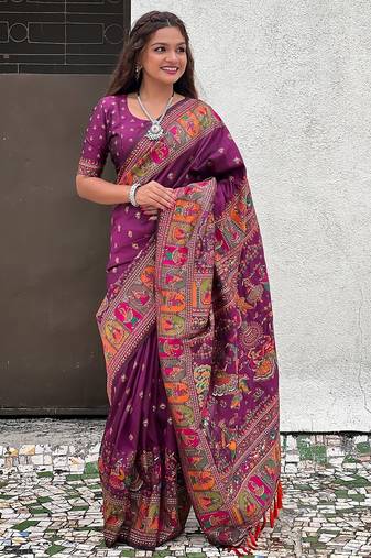 Magenta woven self design pashmina silk saree with blouse