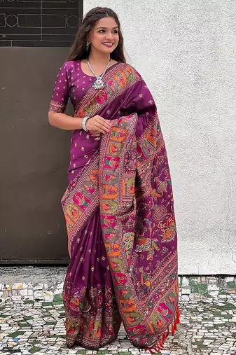 Magenta woven self design pashmina silk saree with blouse