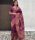 Magenta woven self design pashmina silk saree with blouse