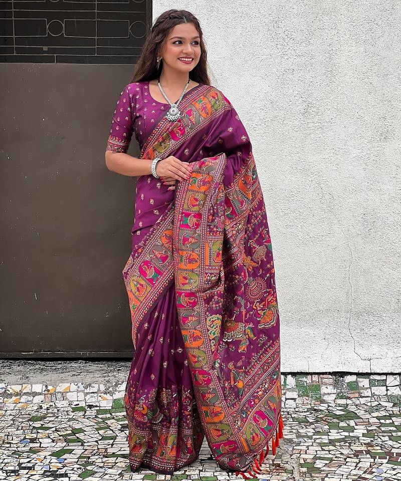 Magenta woven self design pashmina silk saree with blouse